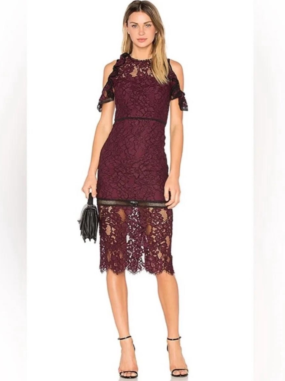 bebe Ruffle Cold Shoulder Lace Midi Dress Burgundy Size 4 NWT